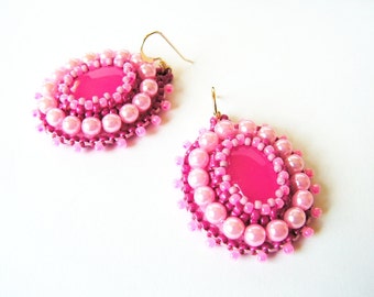 Pink Earrings Bead embroidery Earrings Beadwork Earrings Pink dangle Earrings Bead embroidery Jewelry Pink Jewelry MADE TO ORDER