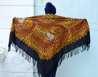 Pavlovo Posad shawl, Russian Wool shawl, Tablecloth, Scarf With Tassels, Animal print scarf, Leopard Brown Scarf, Women Accessories