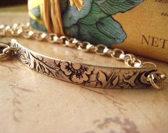 Sterling Bracelet, Floral Bar, Sterling Silver, Rolo Chain, Hand Stamping, candies64