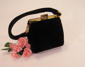 Vintage 1940's INGBER Black Velvet Evening Handbag Purse with Velvet Handles, Gold Clasp & Frame. Made in the USA!