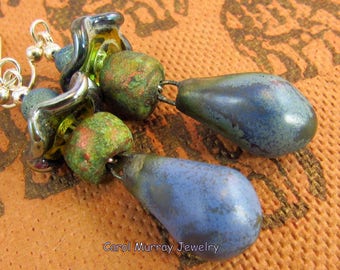 RUSTIC BRONZY Petra Ceramic, Artisan Lampwork and Titanium Quartz Sterling Silver Drop Earrings (ER 312)