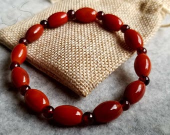 Red Agate Sardonyx Barrel Beads Bracelet + Garnet