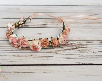 Handcrafted Peach and White Flower Crown - Flower Girl Halo - Peach Wedding Accessory - Woodland Halo - Small Flower Crown - Adult Rose Halo