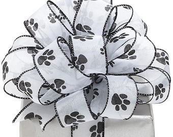 NEW Paw Print 1-1/2" W Shimmering Sheer Wired Edge Ribbon Black & White