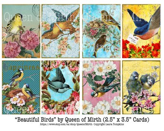 BEAUTIFUL BIRDS ATC colorful nature tags printable digital download collage sheet journaling card making scrapbook