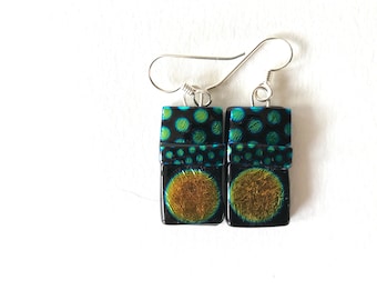 Dichroic fused glass earrings, fused glass earrings, glass jewelry dots and a large circle