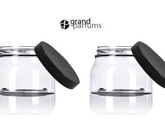 12 Italian Style CLEAR 8 Oz Pet Plastic TUSCANY Jars 240ml w/ Smooth Black Caps Body Butter, Sugar Scrubs, Bath Salt, Creams, Masks 240 ml