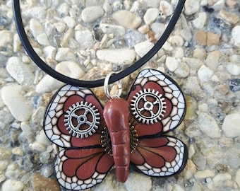 Brown 2 Fimo steampunk Butterfly Necklace.