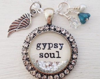 Gypsy soul sparkle charm necklace, bohemian jewelry, sparkle necklace, rhinestone necklace, wing necklace, personalized jewelry