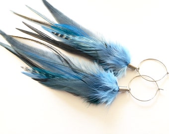 Lightweight Feather Hoop Earrings Denim Blue Feather Earrings Feather Hoops Medium Long Dangle Earrings Feather Plugs/Gauges