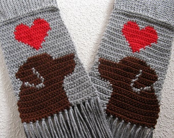 Chocolate Labrador Retriever Scarf. Grey, crochet scarf with red hearts and brown labs. Knitted dog scarf. Labrador gift