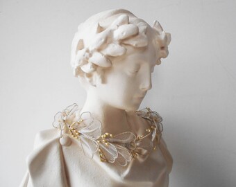 Bridal Crown Antique Wax Flowers Pearls Tulle leaves