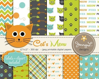 50% OFF Cat Digital papers, Pet Digital Paper, Cat head Clipart, Kitten,Yarn, Paws Scrapbooking Papers, Fishbone, Animal Digital Papers,