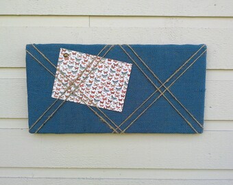 Bulletin Board in Navy Blue Burlap accented with natural jute twine crossed detailing for a Nautical styled decor, office, den or cabin
