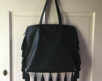 Black Leather FRINGE Purse || Tribal design inside.