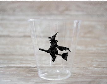 Witch Riding A Broom Halloween Plastic Shot Glasses