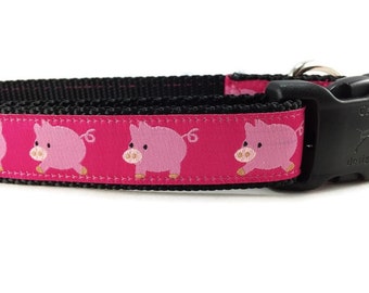 Dog Collar, Pigs Dog Collar, 1 inch wide, adjustable, quick release, metal buckle, chain, martingale, hybrid, nylon