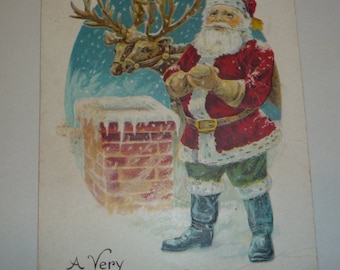 Santa Claus Standing Next to Chimney With Reindeer Vintage Christmas Postcard