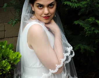 Two Tier Wedding Veil, Lace Wedding Veil, Scallop Lace Veil, Fingertip Veil with Blusher -Lace Bridal Veil, Lace Fingertip Veil Blusher Veil