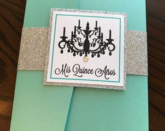 Chandelier theme quinceañera sweet sixteen turquoise invitation