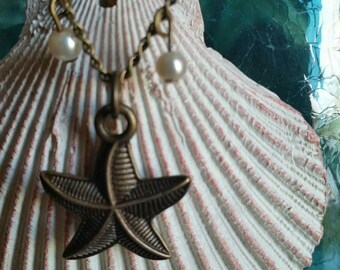Starfish and Pearl, Brass, 18 inch necklace
