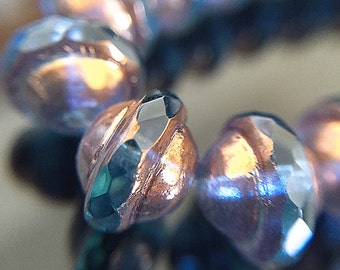 Blue and Brass Glass Saturn Beads, Blue Czech Glass Flying Saucer Beads with Brass Finish, Glass UFO Beads, 8x10mm - 10 beads (SAT-04)