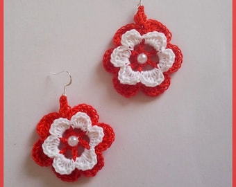 Red and white double flower with Pearl crochet earrings