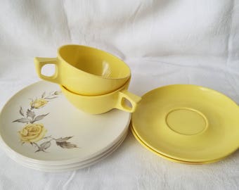 Vintage Yellow Melmac Cups and Plates