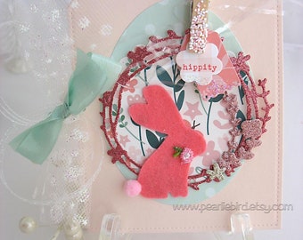 Shabby Chic Bunny Rabbit Card~arty tag shape card~baby shower card~velveteen rabbit~Easter Bunny~pink~green~blue~yellow~lavender~coral~kraft