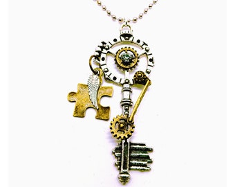 Autism Necklace, Autism Awareness Jewelry, Steampunk Autism Necklace, Puzzle Piece Jewelry, Autism Necklace, Valentine's Day Gift