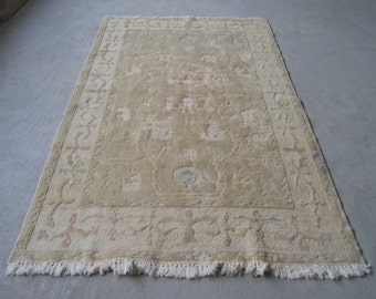 4'2''x6'11'' Relief Oushak Rug, Vintage Turkish Carpet, Handwoven Oriental Rug