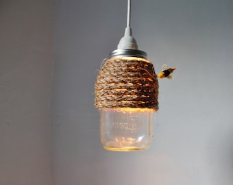 The HIVE Mason Jar Pendant Lamp, Hanging Lighting Fixture With A Rope Wrapped Quart Jar, Rustic Handcrafted BootsNGus Lights & Home Decor