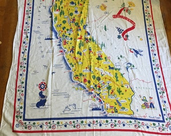 Vintage Midcentury Margaret Newport California Map Souvenir Tablecloth