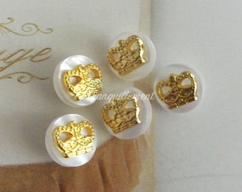 5 Mini Small Retro Vintage Style Gold Golden Crown Jacket Coat Sweater Metal Button 0.4 Inches / 1 cm
