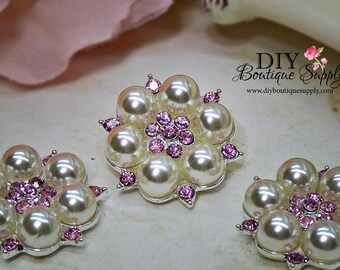 Light PINK Rhinestone & Pearl buttons Crystal Embellishments Headband Supplies flower centers Metal Flat back 5 pcs 26mm 459063