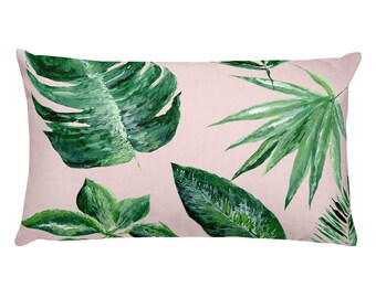 Pink Palm Leaf Rectangular Pillow, pink throw pillow, pink leaf pillow, palm leaf pillow, blush pink pillow, tropical leaf pillow