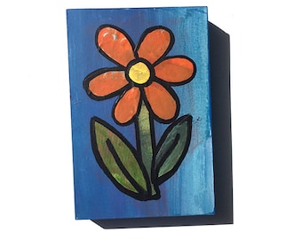 Pretty Orange Flower Painting - Daisy Art, Whimsical Mixed Media Collage Art, Small Painting, Floral Art by Claudine Intner