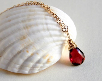 Mozambique blood red garnet wire wrapped briolette pendant necklace sterling silver or gold filled