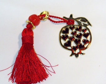 Beautiful Gold Pomegranate Charm with Red Enamel Color Hearts - Metal Good Luck Charm Gift Wrap - Greek Traditional Souvenir - Brass Plated