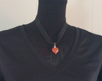 Red Heart Necklace-Ribbon and Pendant Necklace-Romantic Heart Necklaces-Sweet Necklaces-Alluring Jewelry-Ribbon Choker Necklace-Drop Pendant