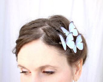 3 whither I wander silk butterfly hair clips . blue butterflies . gifts for birthday, wedding, bridesmaids, parties . costume . handmade