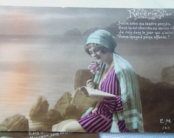 French vintage postcard , vintage lady portrait at seaside postcard,romantic postcard , 3 available
