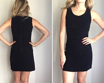 Vintage 90s Geesy Velvet Mini Black Buckle Front Dress Sz 0 XS