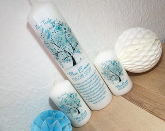 3er Set Taufkerze "Baum des Lebens" in türkis-mint