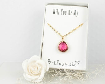 Fuschia Gold Teardrop Necklace, Bridesmaid Fuschia Necklace, Pink Wedding Accessories, Bridesmaid Necklace, Bridesmaid Jewelry