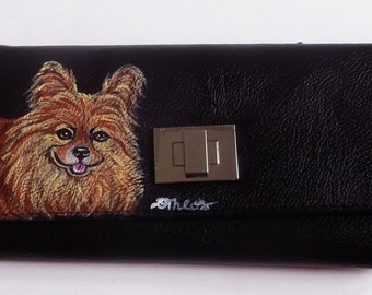 Pomeranian Dog Hand Painted Ladies Leather Wallet