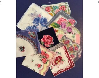 10 Vintage Floral Handkerchiefs - Lot W1