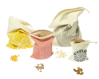 Fabric Zip Lock Bags, Food Bags set of 4, re-usable cotton storage bags, Xero Waste Shopping, Plastic Free