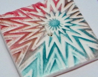 Large Square Button White Green Red Handmade Polymer Clay 40mm