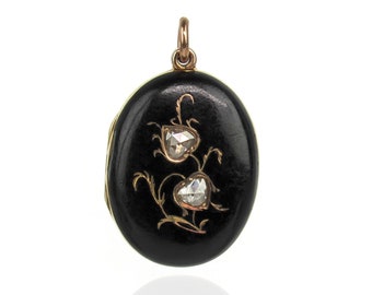 14K Victorian Black Enamel Locket with Rose Cut Diamond Flowers